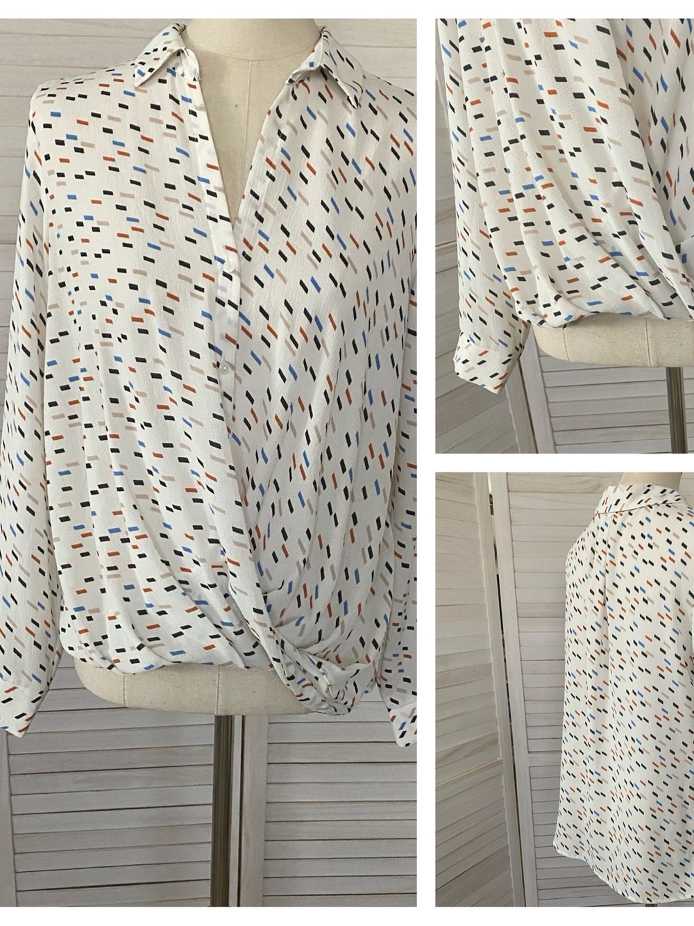 All in Favor Crossover White  Dash Print Blouse  SZ L Business Casual Office